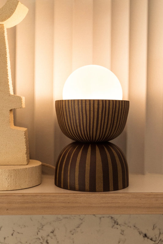 ceramic lamp with stripes  handmade by belinda wiltshire