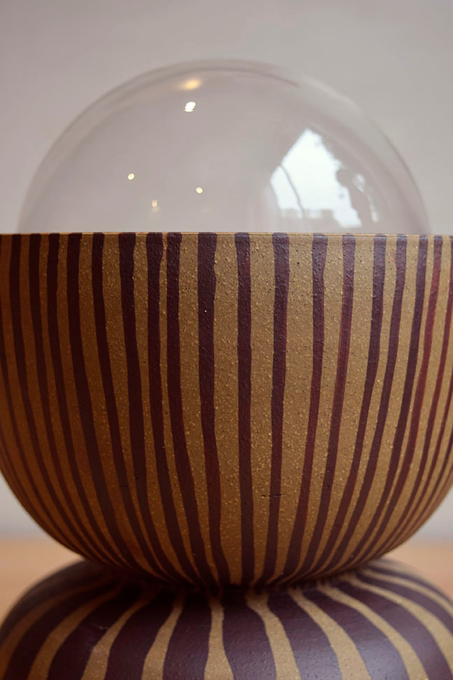 detail of ceramic lamp with stripes  handmade by belinda wiltshire