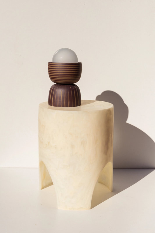 ceramic lamp with stripes  handmade by belinda wiltshire